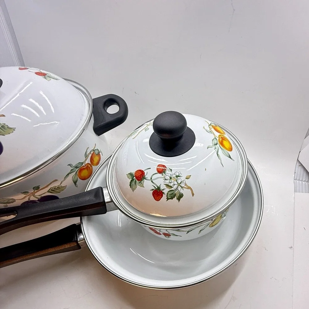 Vintage Tabletops Unlimited Dulcie Enamelware Cookware Set Fruit Motif 3 Pc